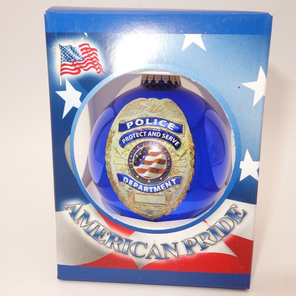 NEW Krebs Glas Police Protect and Serve Blue Gold Glass Christmas Ornament